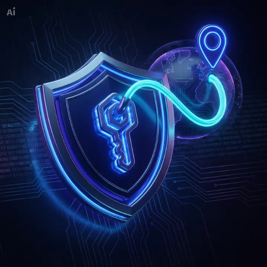 A glowing blue digital shield with a key and a curved data path, representing a secure VPN connection to a new location.