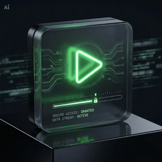 A physical block encasing a glowing green 'play' symbol and green circuit lines, representing active, secured data flow and unblocked access.