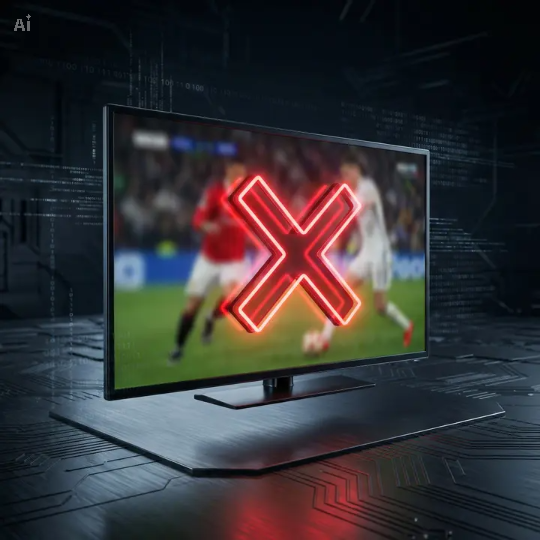 A television displaying a live sports match with a large, glowing red 'X', symbolizing a geo-location blackout restriction.