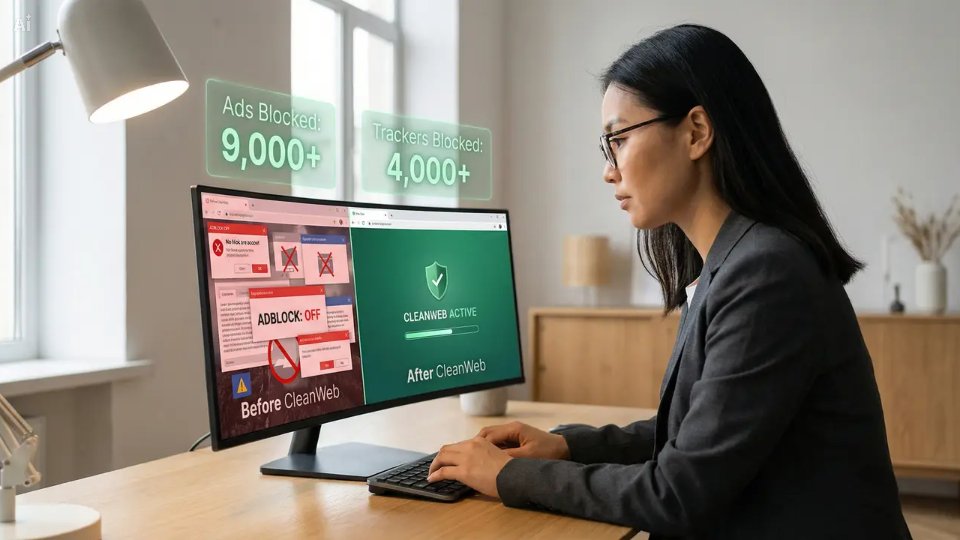 Visual contrast showing a chaotic ad-filled browser on the left vs. a clean Surfshark CleanWeb interface with an active adblocker on the right.