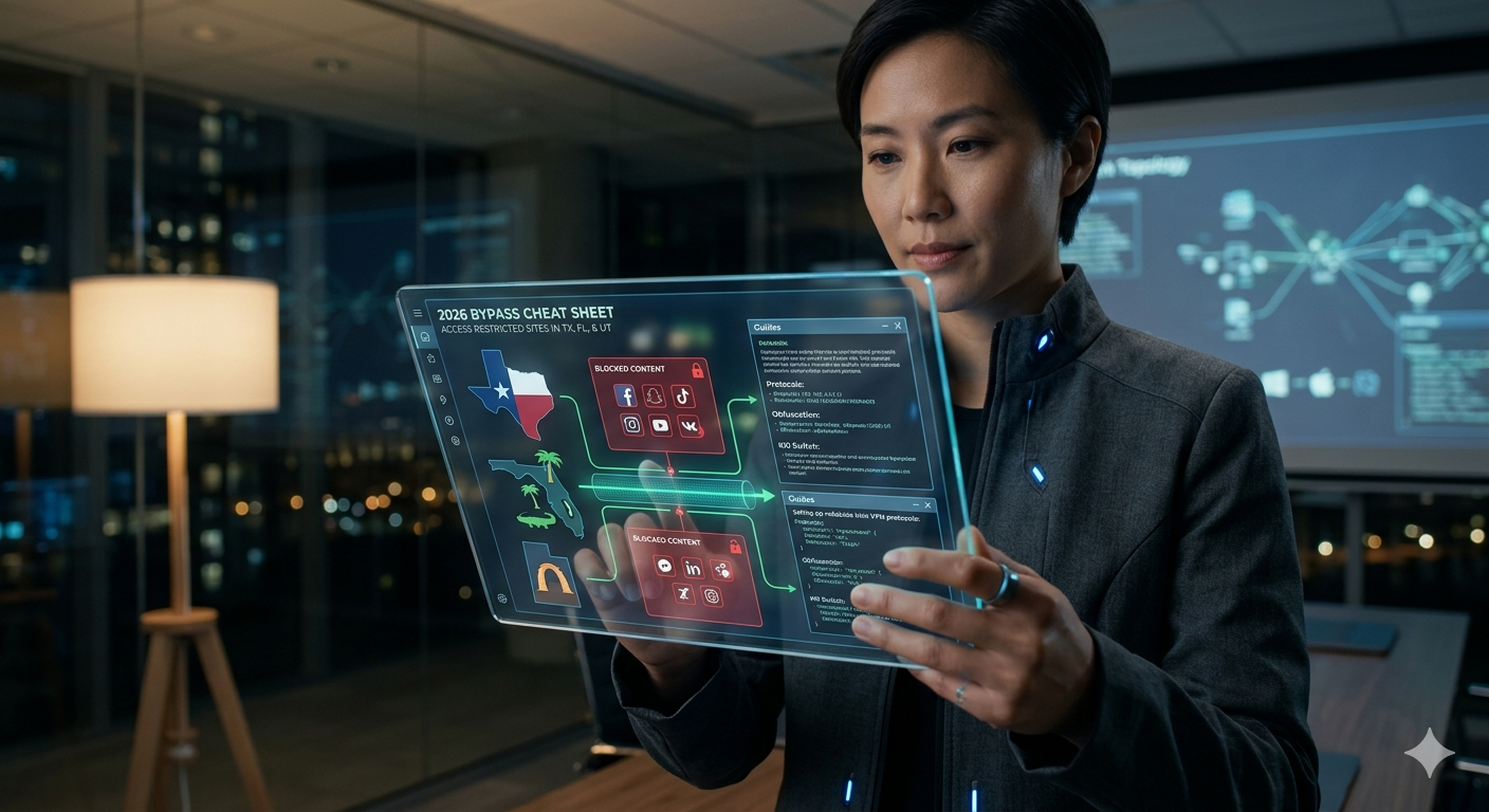 Woman using a futuristic '2026 Bypass Cheat Sheet' hologram for access in TX, FL, and UT.